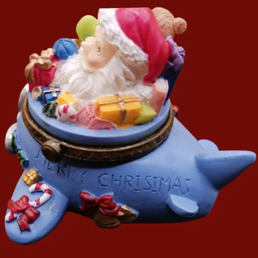 Santa Claus Airplane Trinket Box With Holiday Decorations & Gifts